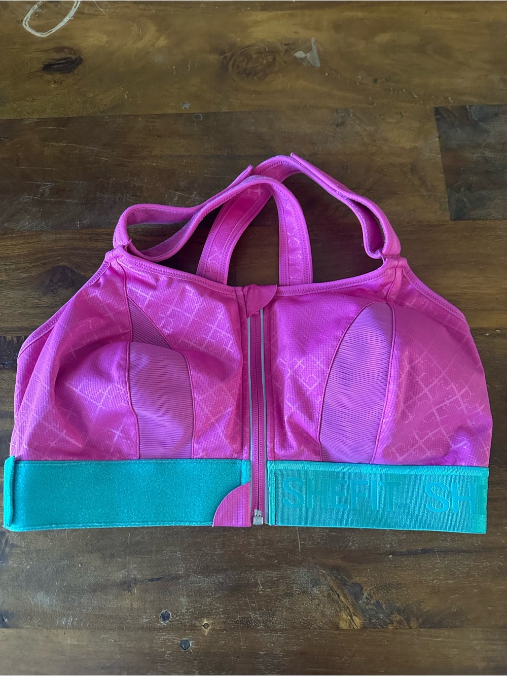 She fit Pink Zip-Front Sports bra with Teal Band High Impact size 3luxe